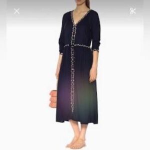 Velvet By Graham & Spenser Lydia Navy Challis Embroidered Trim Midi Dress Sz S